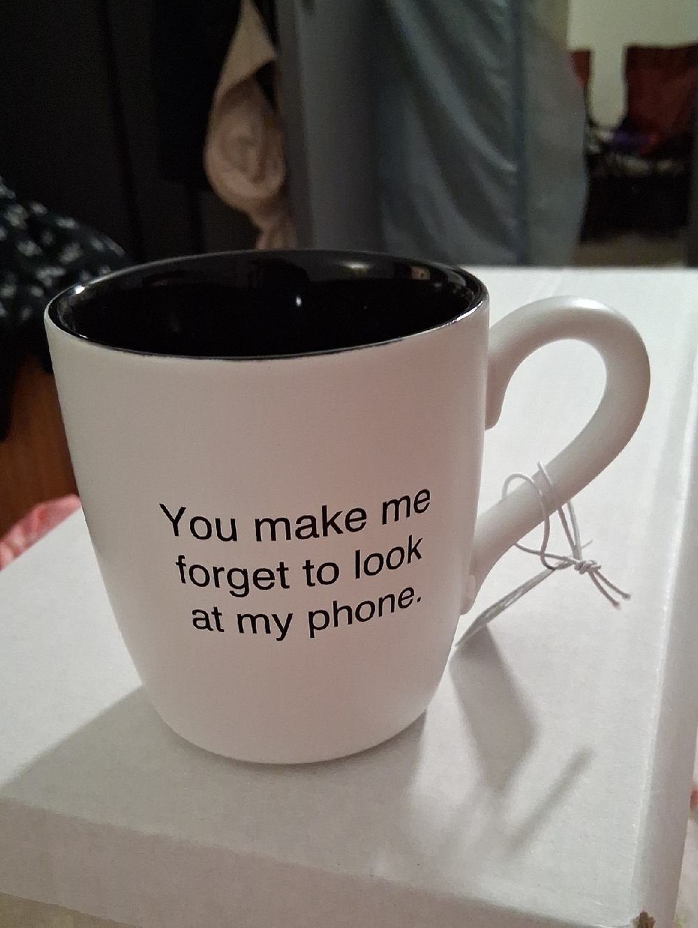 White Ceramic Mug with Black Interior - Text Print